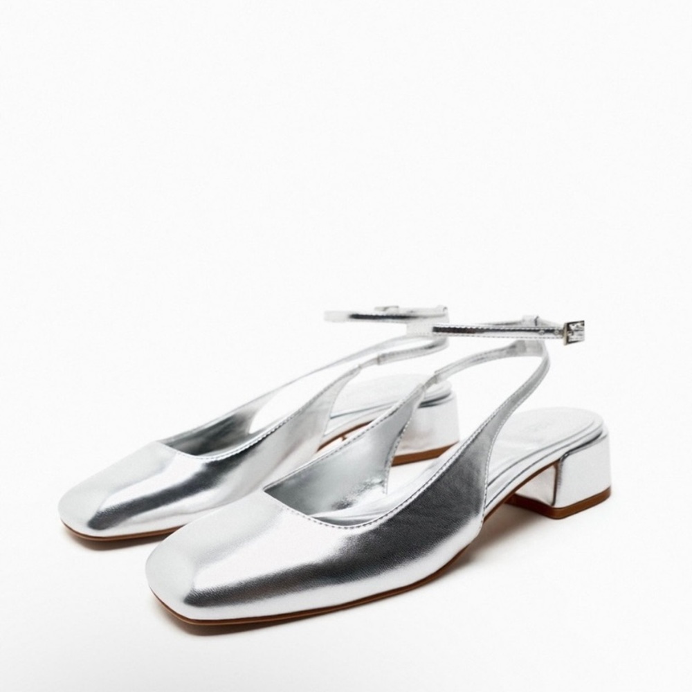 ZARA SILVER BLOCK HEEL ANKLE STRAP SHOES